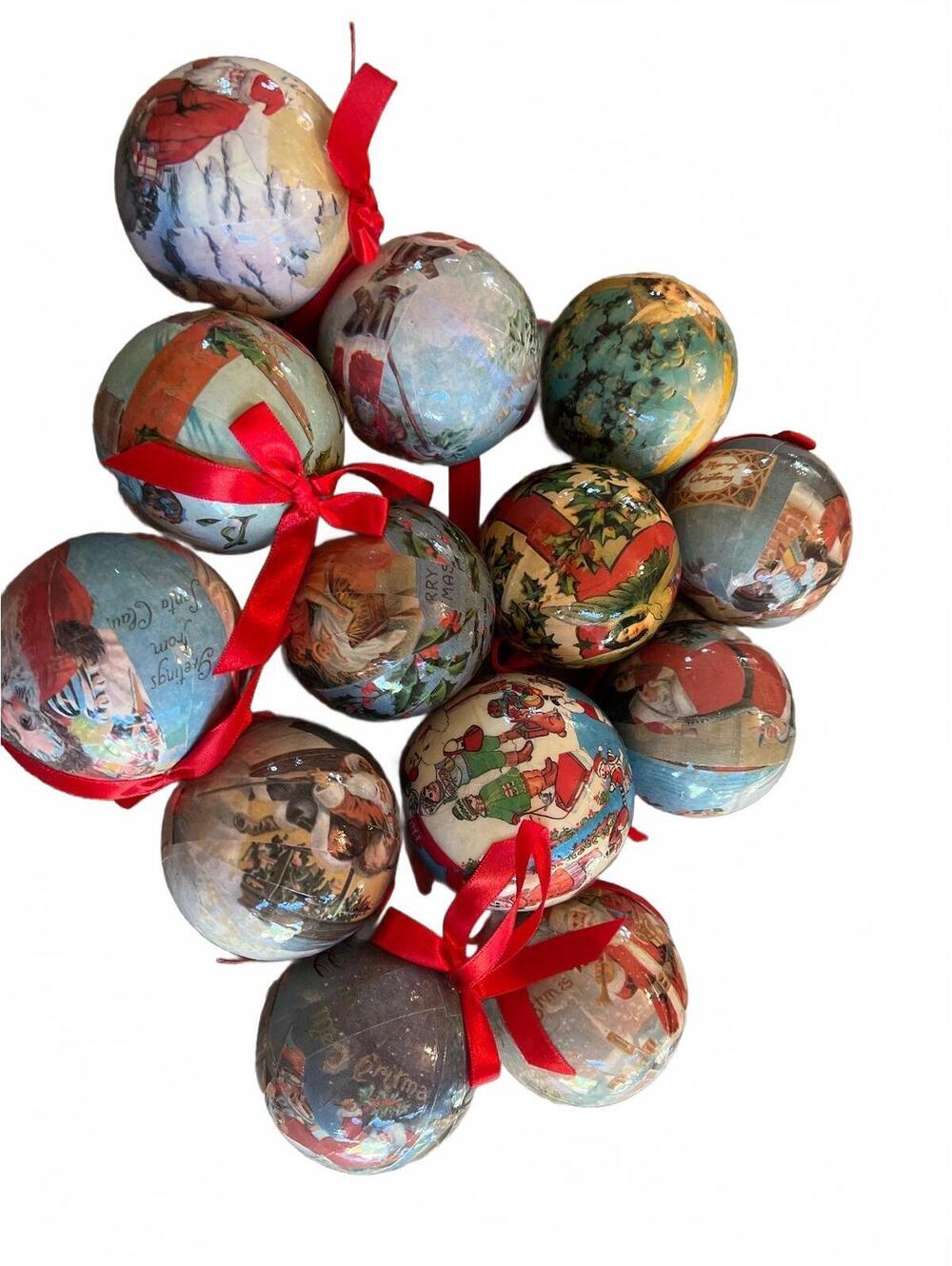 Lot of 13 Vintage Style Christmas Ornaments with Holiday Scenes and Red Ribbon